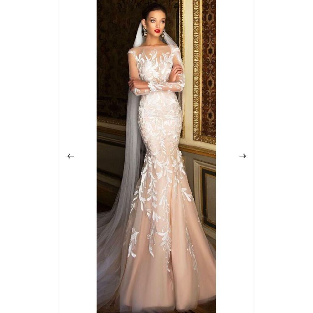 Milla Nova Wedding dress Mermaid Gown Carol in Champagne 3D Lace Sz S Small‎ NWT